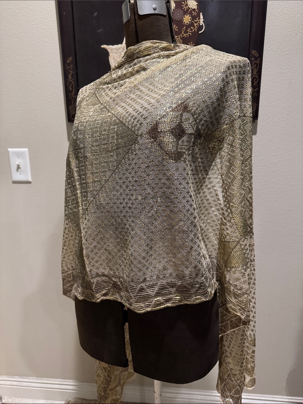Rare Egyptian Assuit Shawl of Sheer Woven Linen and Hammered Metal Insertions